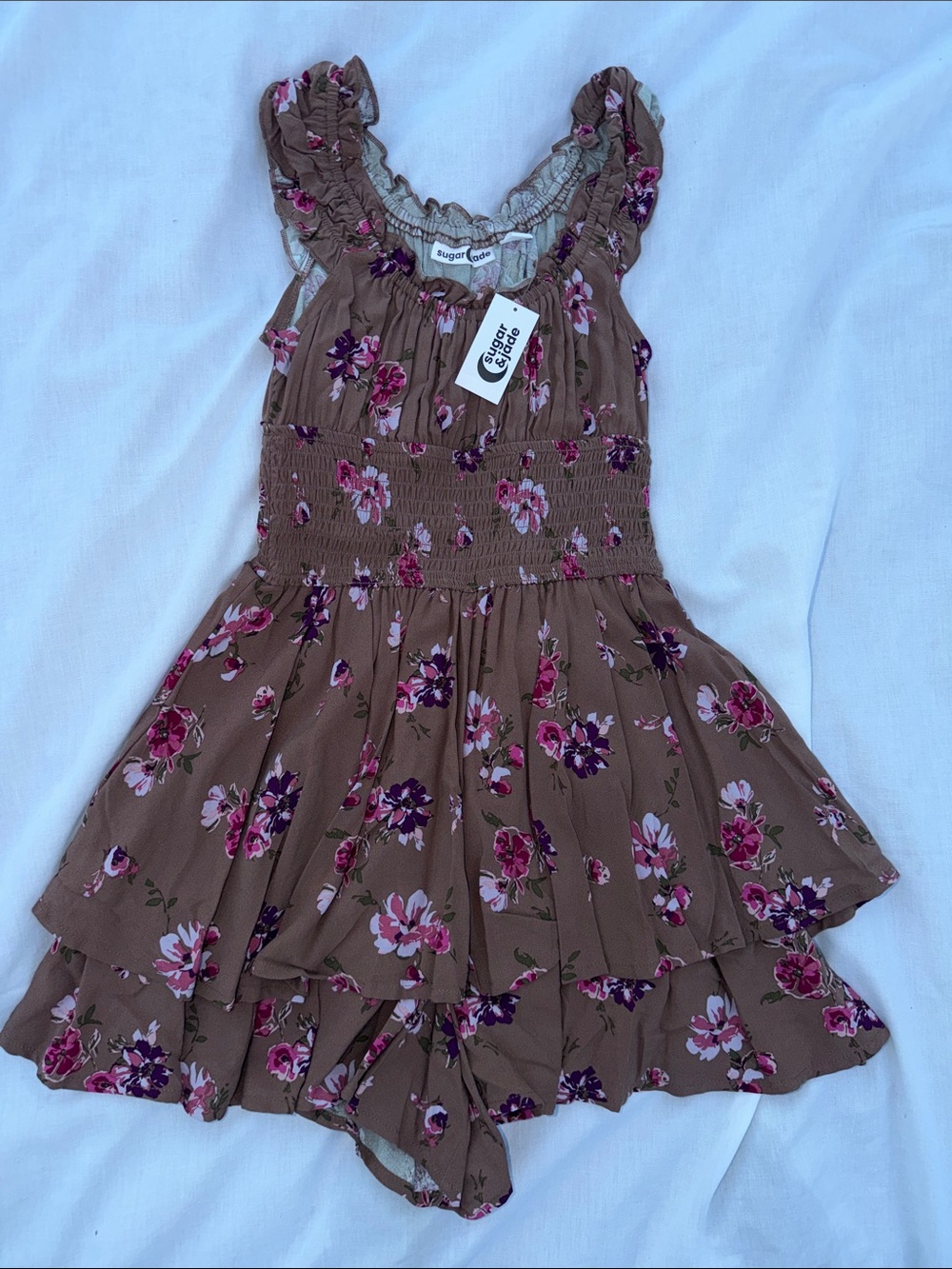Jade Brown Floral Ruffle Tiered Romper with Pink & Purple Blooms